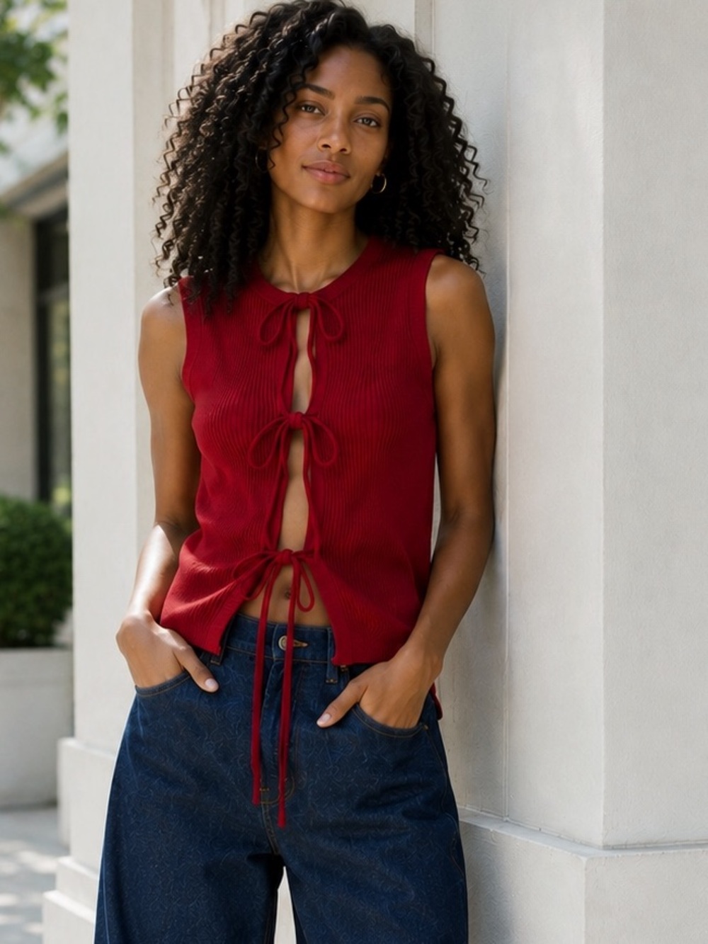 NWT JW ANDERSON Tie- detail Ribbed-Knit Top in Red